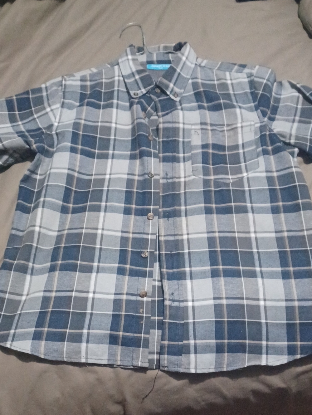 Boys Large Blue and Gray Plaid Button-Up Shirt